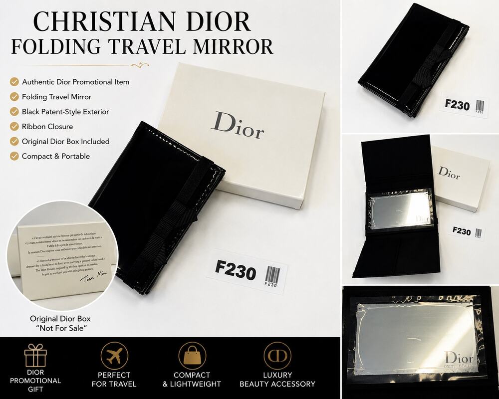Christian Dior Folding Travel Mirror Black Patent Case w Original Box